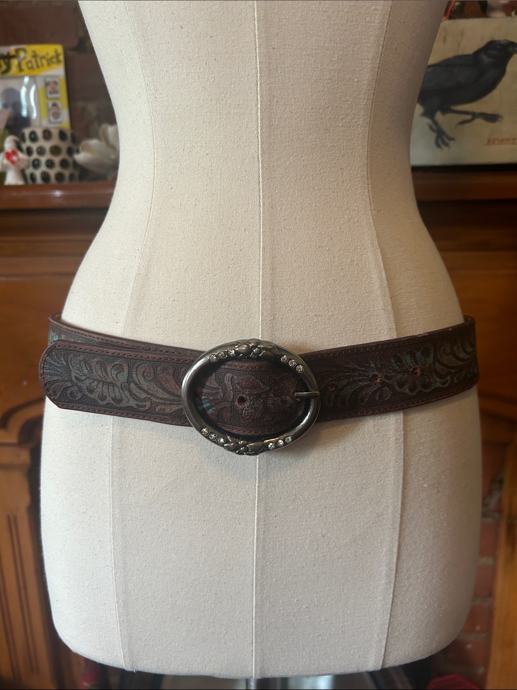 Tooled Leather Western Belt With Aqua Wash And Silver Embellshed Buckle S